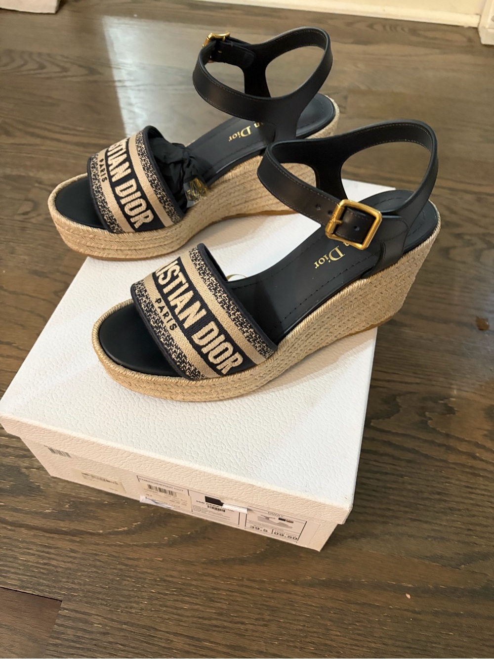 Dior Black Leather and Natural Jute Logo Espadrille Wedges - Picture 2 of 4